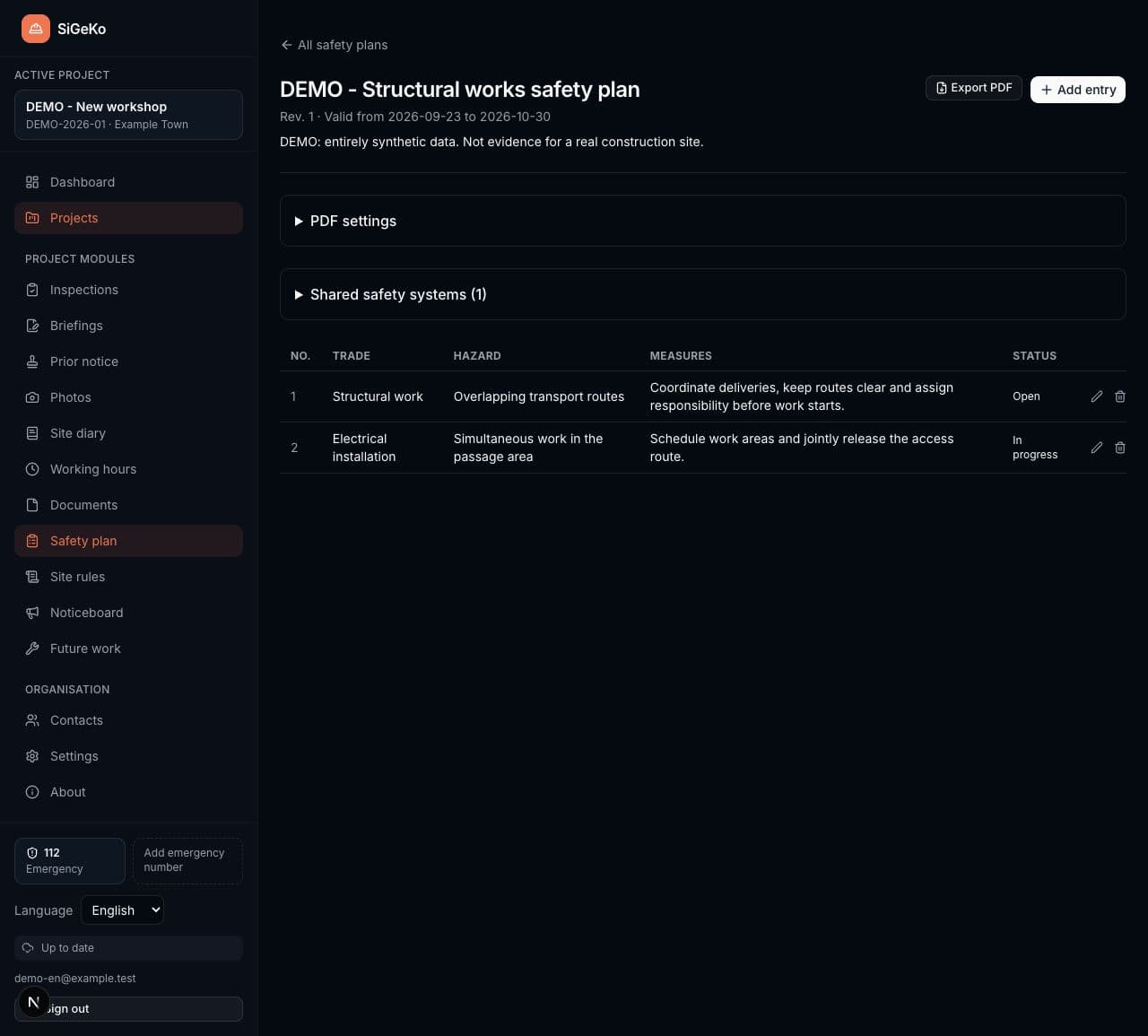 Safety plan with two trades and measures in the synthetic demo project