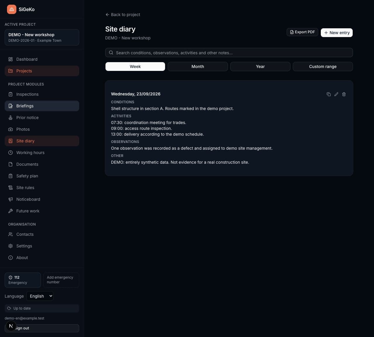 Site diary with activities and observations in the synthetic demo project