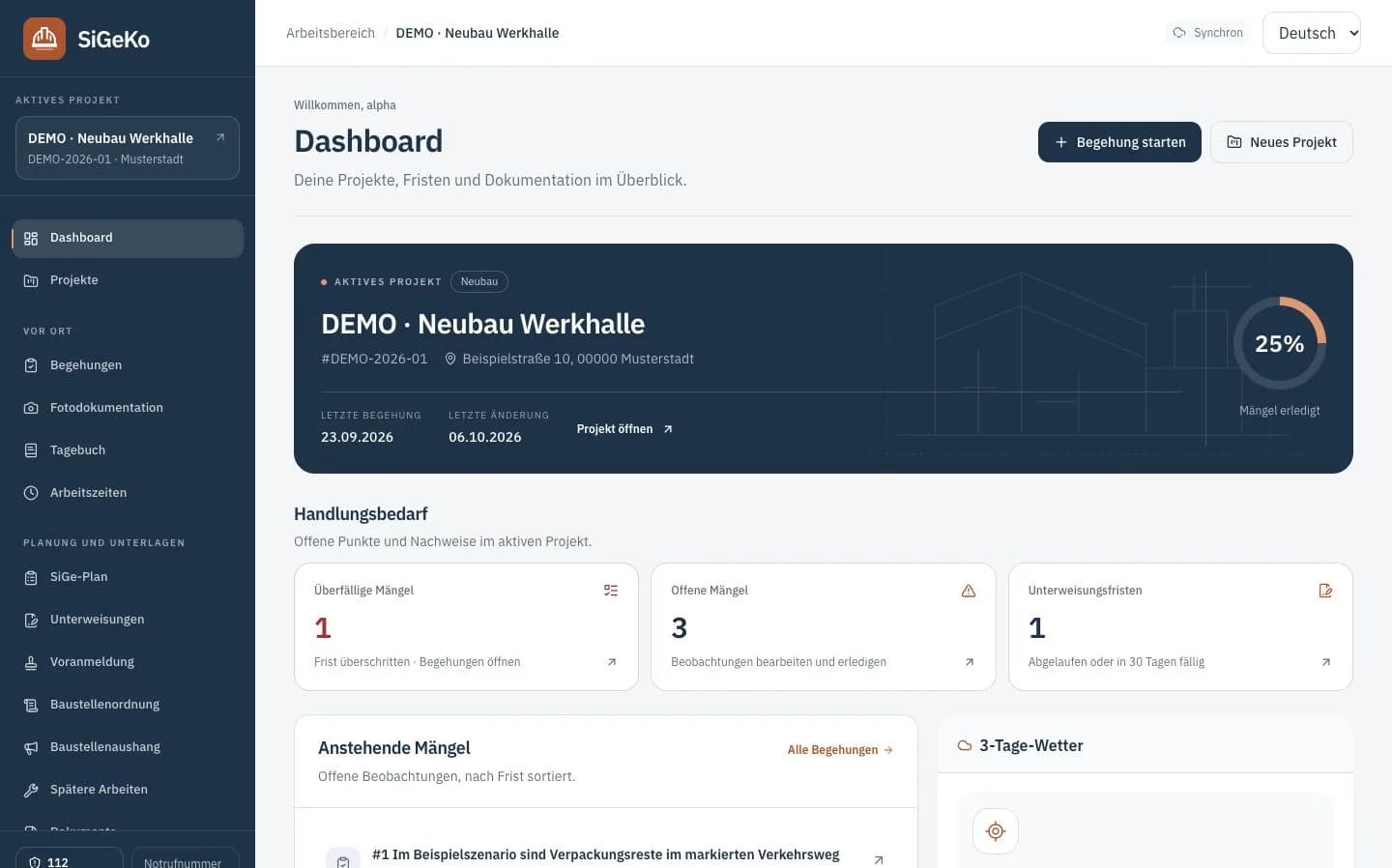 SiGeKo-Dashboard mit synthetischen Projekten und Beispieldaten