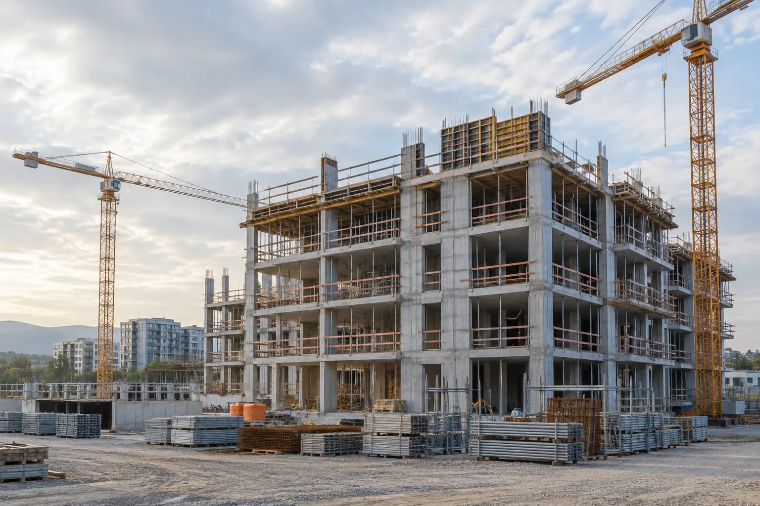 Illustrative Baustellenszene mit moderner Architektur