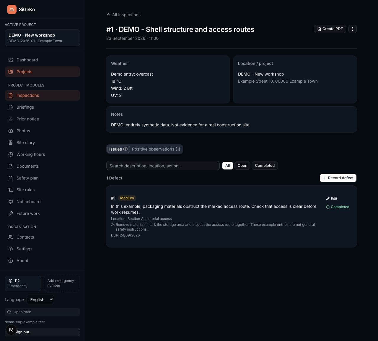 Inspection report with one issue in the synthetic demo project